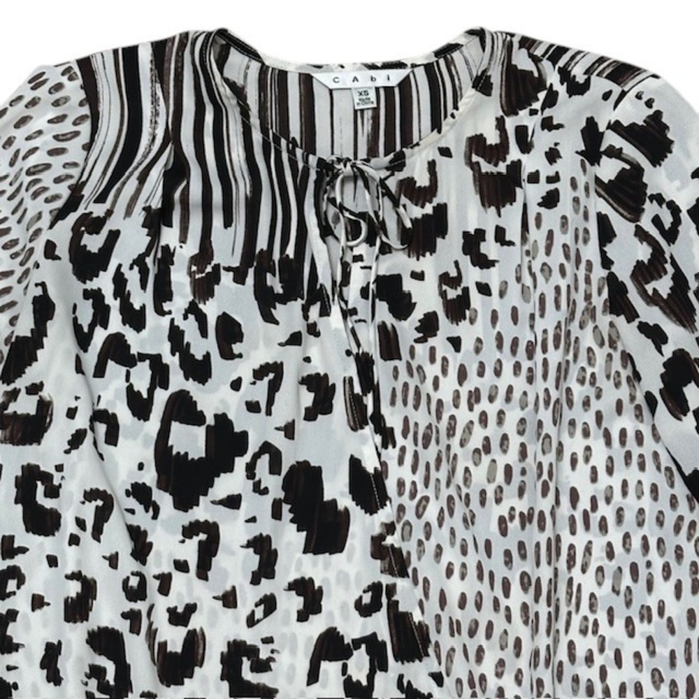 Cabi‎ XS Animal Print Blouse Top Tie Neck Long Sleeve Abstract White Black - Picture 4 of 15